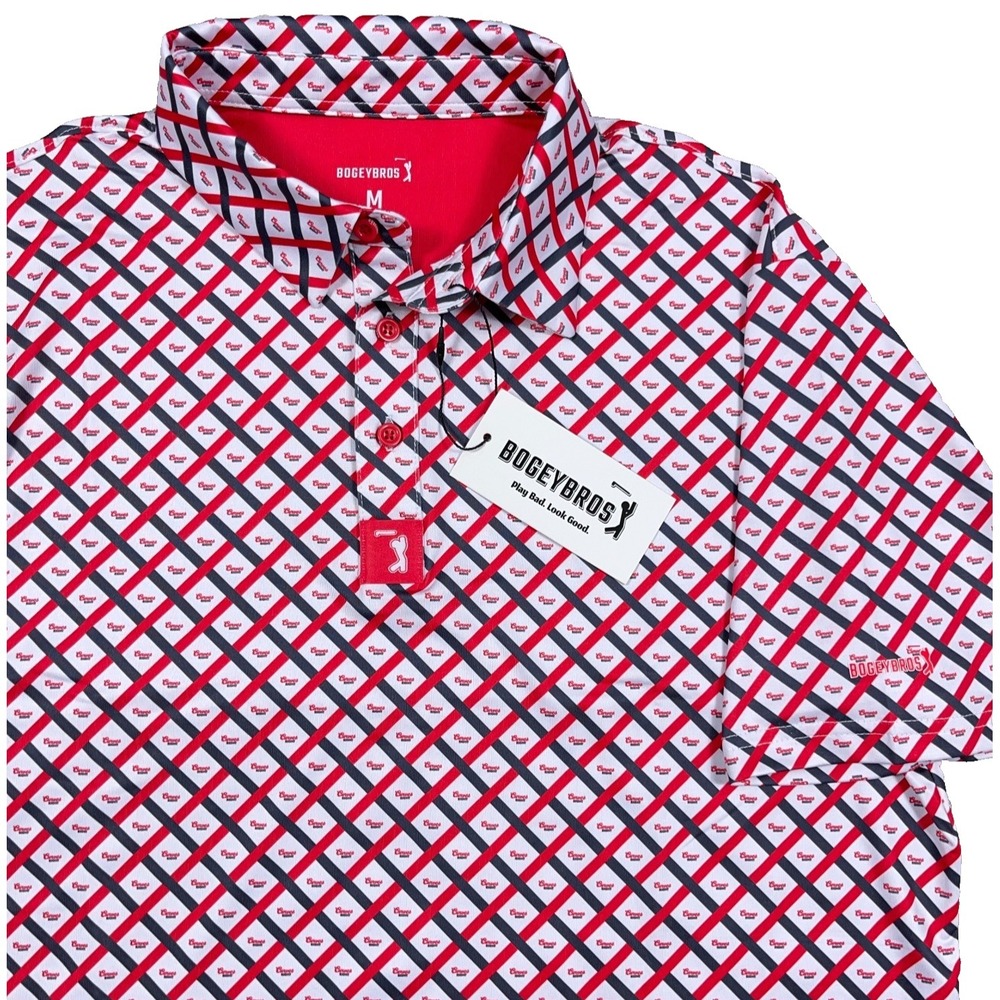 Bogey Bros Polo Shirt Men Medium Red Blue Geometric Curves Right Performance